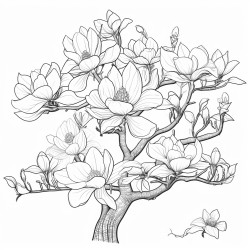 create a blackandwhite coloring page of a magnolia tree in full bloom use bold outlines for large petals and strong branches show flowers at various stages of bloom and add a few leaves keep the background minimal to focus on the tree with open spaces for easy coloring