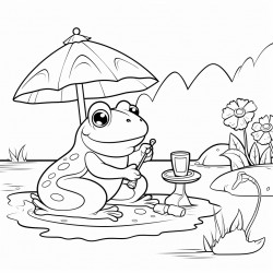 frog sitting on a mushroom drinking tea by the lake
