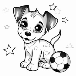 a puppy with planetshaped markings playing with a starshaped ball