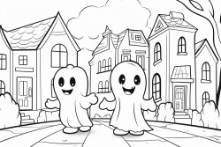 a cute spooky halloween street with two ghosts floating down it