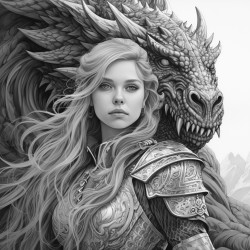 a young woman with a long braid standing next to a dragon