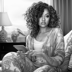 beautiful african american woman sitting on her bed watching television