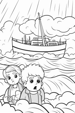 worried boys working in a big boat with a big storm