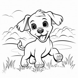 a joyful puppy with floppy ears wagging its tail and a cute smile running through a grassy meadow