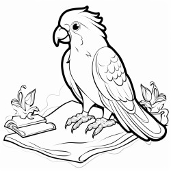 a parrot talking on the telephone sitting on a flying carpet