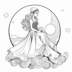 woman sitting on the moon wearing a gothic style gown with mushrooms growing on the moon