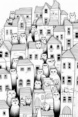 a cat town with cats dressed and acting like humans