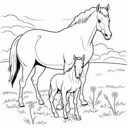 mare quarter horse out on a pasture with her colt eating grass