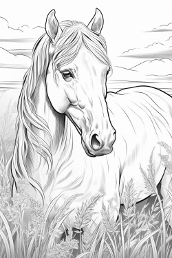 a horse eating grass in a field of hemp with the sunset behind it