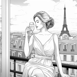 portraiture of a woman on a balcony with an eiffel tower in the background as she drinks wine