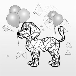 balloon animal dog in forground and large triangles behing the dog as a background