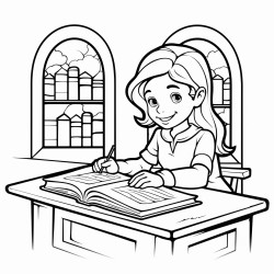 a girl studing theology in a library under a table