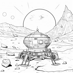 spacecraft landing on the moon with a backdrop of lunar craters and mountains depicted only as line art without color