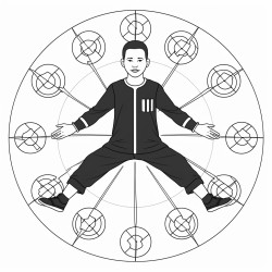 human figure cross legged position surrounded by six equally spaced aura layers around the body