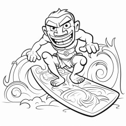tiki man riding a surfboard on a wave
