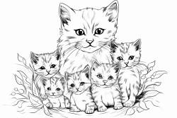 an orange mother cat surrounded by her five playful kittens