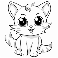 a black and white coloring page of a playful baby cat with big eyes clear background