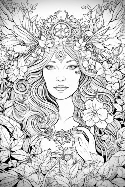 goddess of nature surrounded by plants and fairies