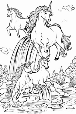 winged unicorn playing with 4 unicorn children at the waterfall