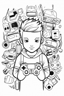 bw outline art for kids coloring book outline in bold black lines white background with gamer theme