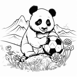 a picture of a panda eating a soccerball on top of a mountain with flowers under his feet