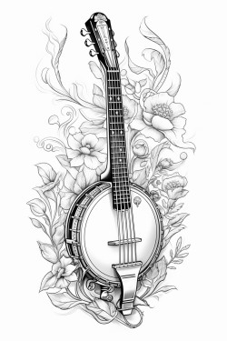 image of a banjo in a coloring book page
