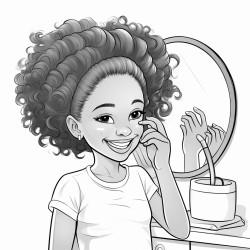 african american kid girl combing her hair in the mirror  smiling in cartoonist style