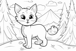 black and white coloring book drawing only thick outlines no grayscale for kids cartoon style cat forest