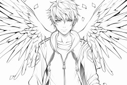 teenage anime boy with sparrow bird wings full body