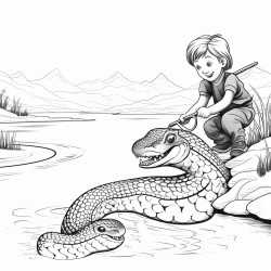 a boy getting a snake out of a lake with a rake