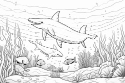 underwater scene with animals like sharks or octopi