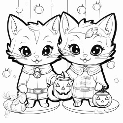 two cute smiling kittens in costumes one in a pumpkin costume the other a vampire stand next to a table laden with halloween treats a garland of bats and cobwebs hangs in the background
