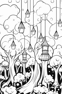 a magical forest with floating lanternsok