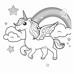 a unicorn that creates a rainbow there are some pegasuses that shoots stars on the rainbow