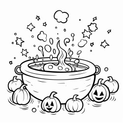 image with black lines on a white background illustrating a witchs cauldron bubbling with potions for coloring in large basic shapes coloring book style no solid fill ample white space for easy coloring ideal for kids enhanced line clarity