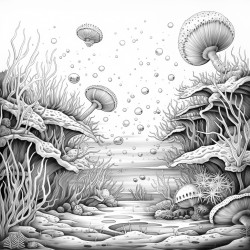 underwater scene of miniscule microbes are scattered randomly but in the center is a large virus particle
