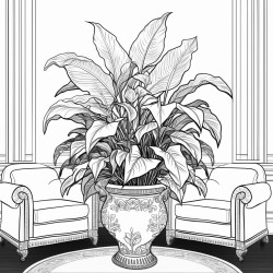 a peace lily house plant in a large ornate detailed pot with a living room background