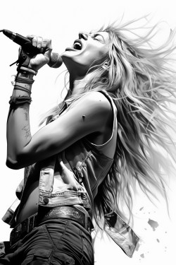 a attractive female singing on stage with her rock band bad girl attitude punk long flowing hair