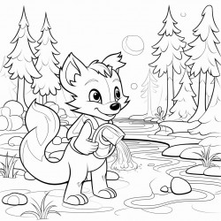 a fox in the forest holding a fire hose by a river