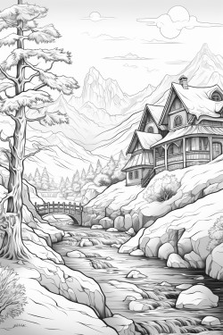 winter village scene with sun