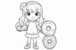 cute girl cartoon standing eating donuts coloring page style