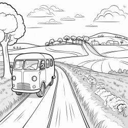 a camper van driving on a country road with farms in the background