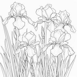 create a blackandwhite coloring page of irises in bloom use bold welldefined outlines for large petals and stems arrange the irises at different stages of bloom from buds to fully open flowers add a few leaves for detail but keep the design simple and uncluttered
