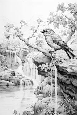 line art beautiful birds sitting on tree flying butterflies mountain small river pool trees stones water pathway