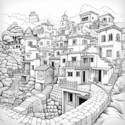un paisaje con casas y montaas en 3d