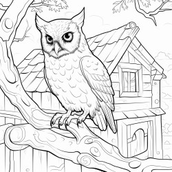 a extreme closeup of a wise old owl threequarter view to the left in a cozy treehouse interior