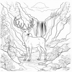 a deer in front of a waterfall
