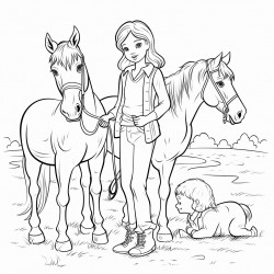 horses with youngbgirl on a farm