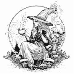 black witches lighting herbs and smoking full body with creepy background