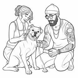 thin punk guy bald with beard playing with male boxer dog with cute chubby woman wearing glasses